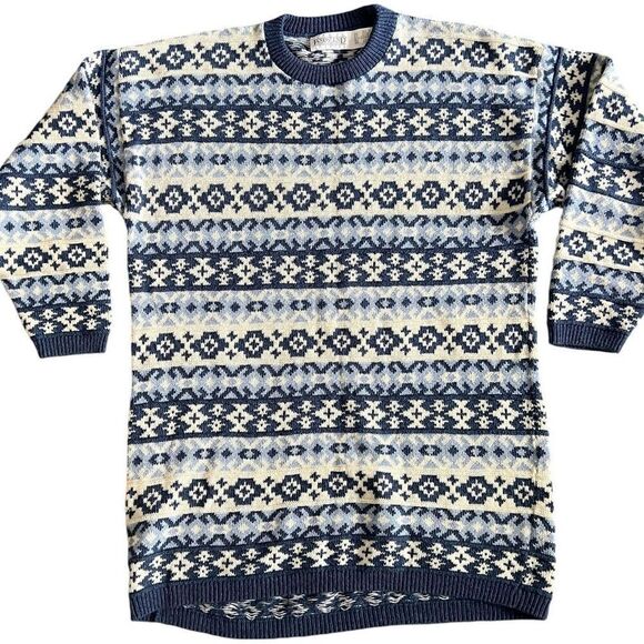 Lands End Vintage‎ Women’s Small 100% Cotton Blue Fair Isle Sweater - Picture 1 of 9
